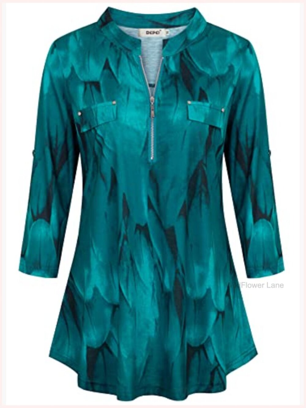 Floral 3/4 Sleeve Zip Up V Neck Work Chiffon Blouse Top Tunics - Picture 4 of 7